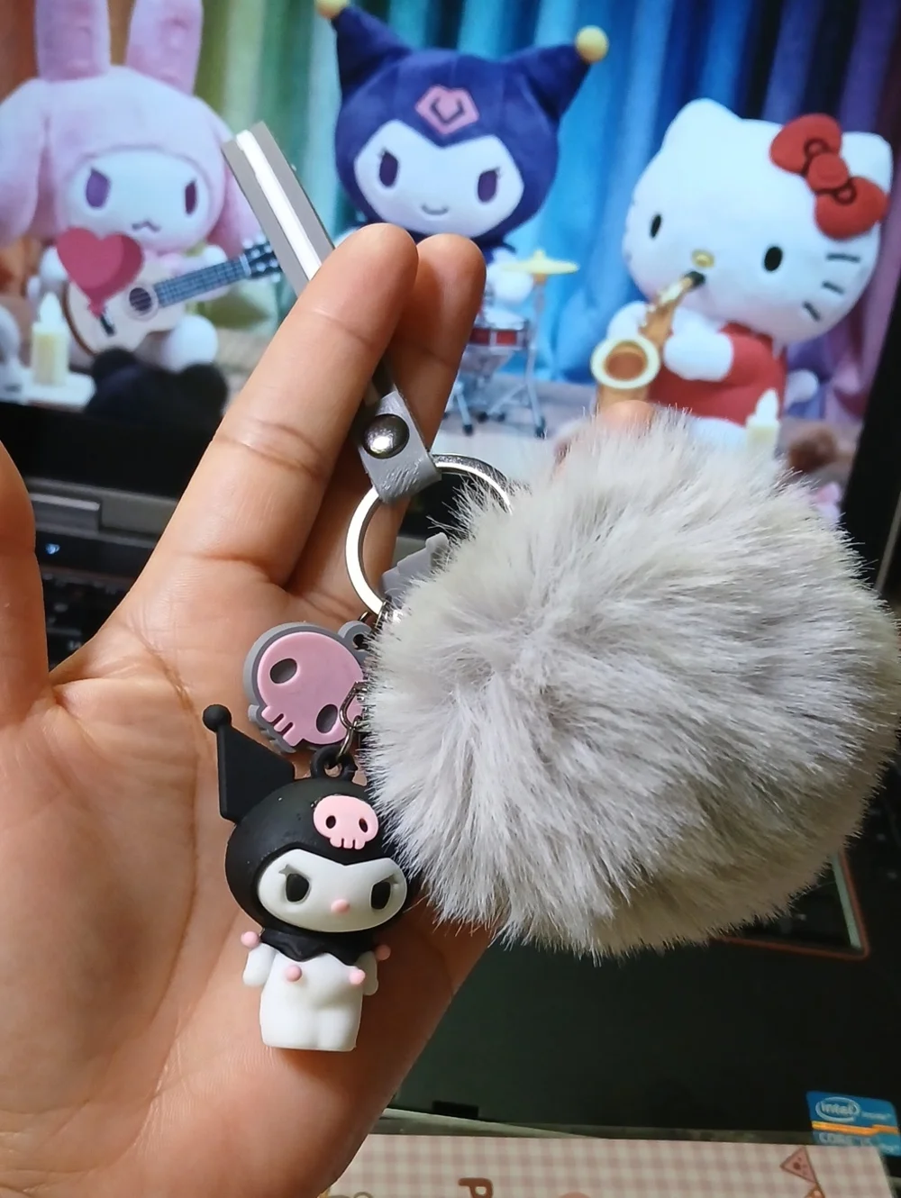 Kuromi Plush Pom Keychain - Gray Fur with Pink/Black Kuromi Charm